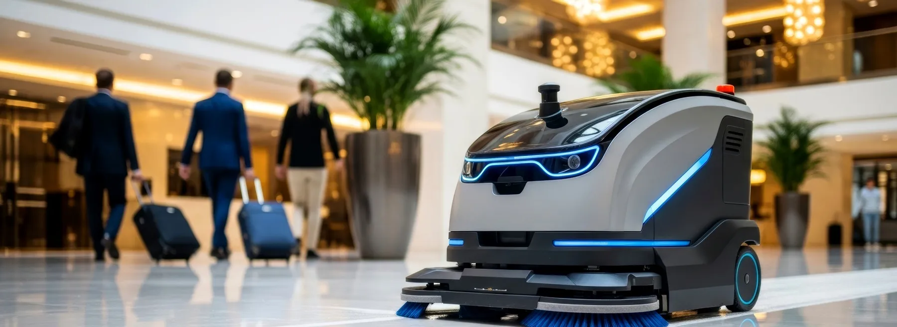 Autonomous cleaning robot working in a busy commercial lobby